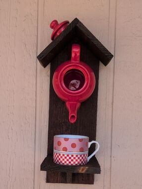 Rustic Handmade Wooden Bird Feeder Birdies With Red